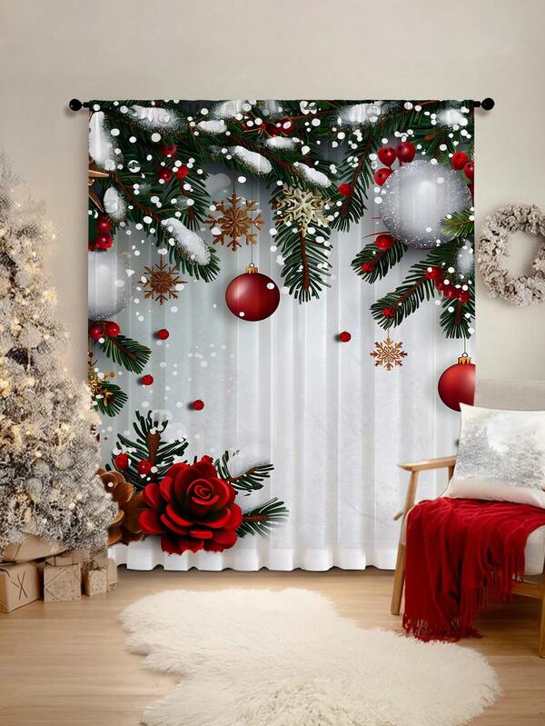 1 pieza Cortina transparente decorativa con rama de pino y copos de nieve, material de poliéster, cortina fluida con flores doradas navideñas, globos, ramas de pino, árbol de Navidad, adecuada para sala de estar, reunión navideña, fiesta de Navidad, decoración de dormitorio, cocina, 100g/㎡ Decoraciones navideñas Decoración navideña Decoraciones navideñas Decoración del hogar Decoración del hogar