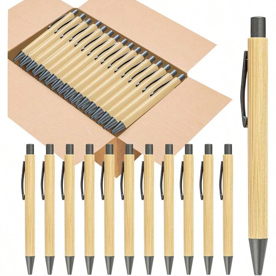 200 Pack Bamboo Pens Bulk Wooden Bamboo Pens Engraving Wooden Ballpoint Pen Customizable Gift Pen Bulk Black - Cây tre - Xem 1