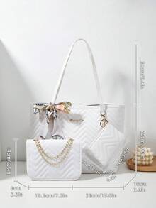 女士三件套：单肩围巾、托特包、链条单肩包、零钱包、绗缝包 - 白色 - 查看 4