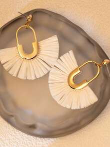 Handmade Woven Raffia Tassel & Rattan Pendant Earrings, Boho Style Holiday Accessories