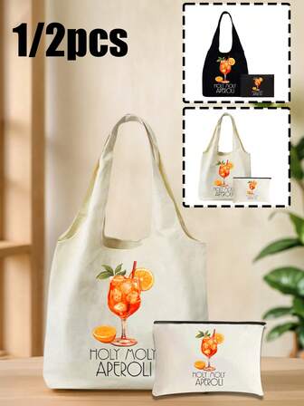 Heilige Moly Aperol Cocktail Leinwand Tragetasche & Kosmetiktasche, Schulterbeutel ohne Verschluss, große bedruckte Schultertasche mit hoher Kapazität, multifunktionale Aufbewahrungstasche mit Orange- und Aperol-Cocktail-Mustern, Damen-Schultertasche, waschbar und wiederverwendbar