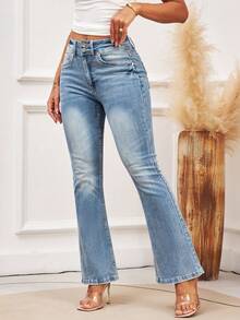 Jeans évasés taille mi-haute pour femmes - Denim stretch avec taille à double bouton, pantalon bootcut rétro classique lavé