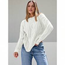 2025  Women's Oversized Cable Knit Crewneck Sweaters - White - View 2