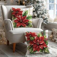 2 件圣诞水彩格子一品红印花靠垫套 [无枕芯]，17.7 * 17.7 英寸（45 * 45 厘米），[单面印刷] 圣诞快乐节日圣诞装饰，房间装饰，家居装饰，卧室装饰，沙发、床、客厅、卧室、汽车、办公室、酒店装饰的房间装饰用品，抱枕套，适合所有季节，是送给家人和朋友的完美礼物 - 彩色 - 查看 1