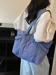 2025 Winter Korean Style Large Capacity Bag, Versatile One Shoulder Canvas Bag, Casual Rhombus Pattern Tote Bag For College Students