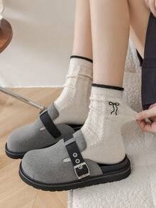 1/2/3/5 双装女士中筒袜，适合秋冬季节，可爱蝴蝶结图案，保暖舒适，可搭配靴子，厚羊毛袜，舒适袜