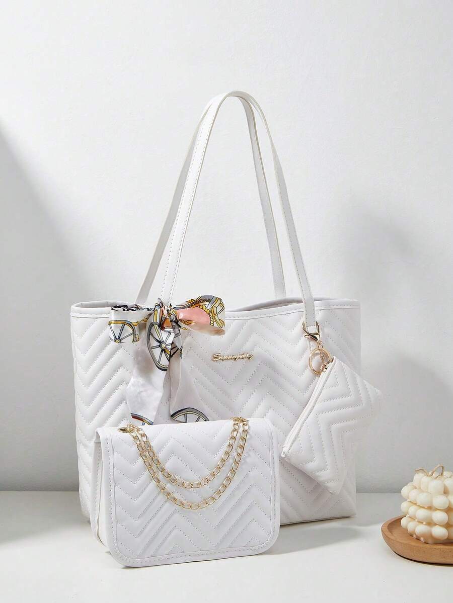 女士三件套：单肩围巾、托特包、链条单肩包、零钱包、绗缝包 - 白色 - 查看 1