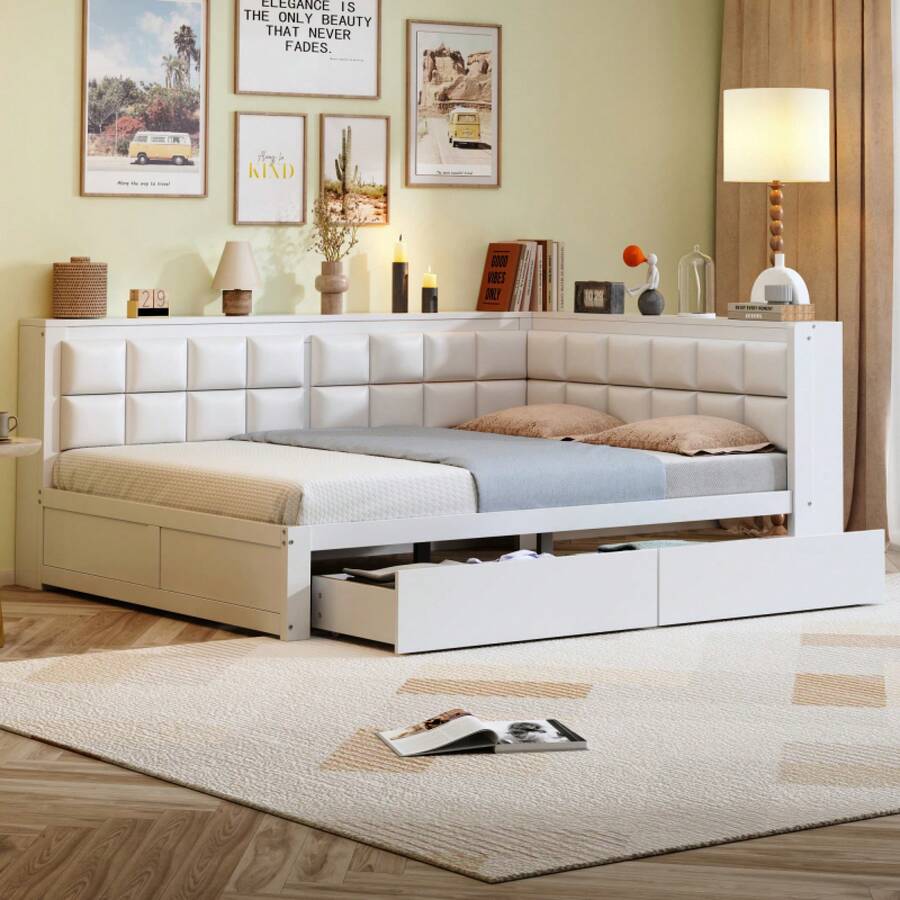 Wooden Bed 140x200 Cm, Soft Backrest, Spacious Storage Drawers, Slatted Base, Single Pine Bed, White
