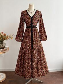 Rusttydustty Robe noire et rouge à manches longues et col en V imprimé vintage, robe de cocktail élégante bohème d'automne pour le thé et les vacances de printemps - Noir - Voir 1