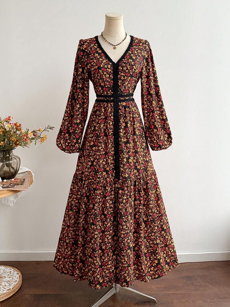 Rusttydustty Robe noire et rouge à manches longues et col en V imprimé vintage, robe de cocktail élégante bohème d'automne pour le thé et les vacances de printemps - Noir - Voir 1