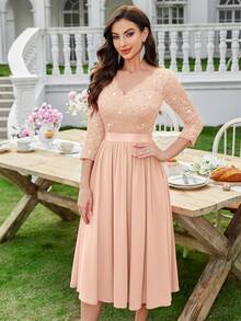 MIUSOL Elegant Champagne V-Neck Sequin Lace Ruched Chiffon A-Line Flowy Hem Midi Dress, 3/4 Sleeves, For Wedding Guest, Cocktail Party, Graduation Or Formal Evening Events - 香檳色 - 查看 4