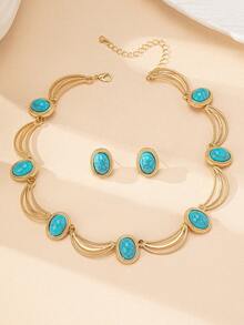 Set de collar y aretes con incrustaciones de perlas en forma de E, minimalista, vintage y elegante, adecuado para regalos, fiestas y uso diario