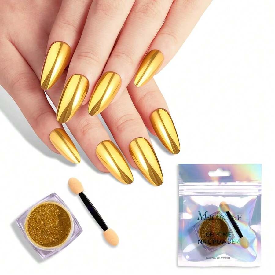 Gold Chrome Nail Powder For Gel Nails,Metallic Mirror Effect Pigment Stylish And Technological Fine Glitter For Home DIY Salon Use{"Color_name":"Gold"} - 金子 - 查看 1