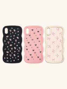 Black White Pink Bowknot Fashion Phone Cases 3pcs Dopamine Themed Wavy Edge Bowknot Pattern Phone Cases Compatible With IPhone & Galaxy Phones Spring Gift - Multicolor - View 41