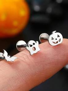 3 Pairs/Set Of Cute Creative Halloween Earrings, Pumpkin Ghost Stainless Steel Anti Allergy - Personalized Fashion Earrings Suitable For Holiday Celebration