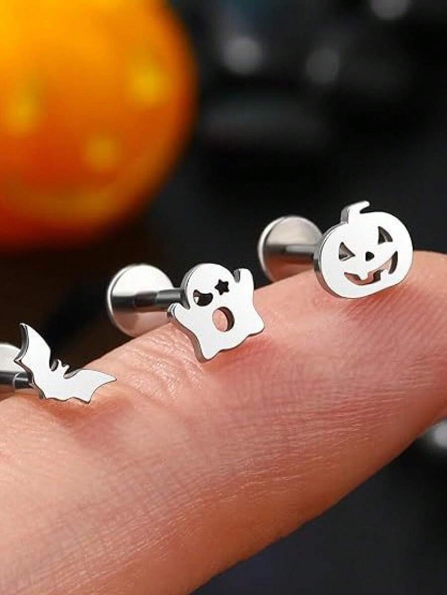 3 Pairs/Set Of Cute Creative Halloween Earrings, Pumpkin Ghost Stainless Steel Anti Allergy - Personalized Fashion Earrings Suitable For Holiday Celebration