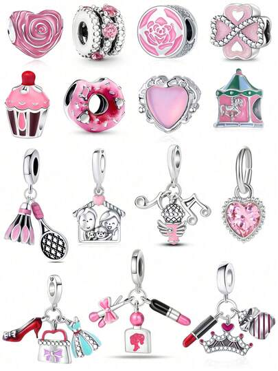 1 Rosa de amor de la serie "Sueño rosa", trébol de cuatro hojas, pastel, carrusel, amor rosa, accesorios de joyería de cuentas pequeñas con minifalda, lápiz labial y perfume femenino, adecuado para hacer pulseras, collares y otros regalos de joyería para el Día de la Madre, San Valentín y ocasiones especiales