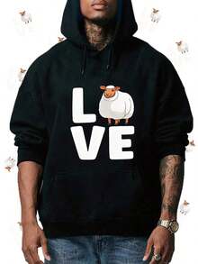 Love Letter With A Sheep Illustration Men S Hoodies Black Grey Red,Fall Hoodies,Men's Fall Clothes,Street Wear,Halloween,Mens Hoodies,Y2k Clothes,Jesus Hoodie,Thanksgiving Day,Nightmare Before Christmas,Christmas - 黑色 - 查看 1
