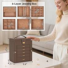 AKOZLIN 6Tier Jewelry Box Organizer Functional 5 Drawers Leather Jewelry Storage Case For Women Girls Ring Necklace Earring Bracelet Holder Organizer With Mirror Brown