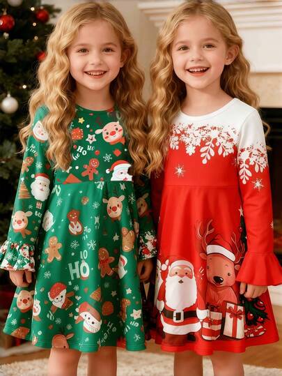 2pcs/Set Girls Christmas Print Long Sleeve Dress, Soft Comfortable Fabric, Cartoon Santa Claus Print, Suitable For Daily Wear, Ages 4-7, Autumn/Winter