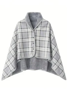 1pc Fleece Wearable Blanket, 80x135cm Plaid Lap Blanket, Comfortable Hooded Poncho With Buttons, Suitable For Bed, Sofa, Office, Gray & White Cozy Cloak With Buttons, Fuzzy Sleeveless Blanket, Women Shawl Wrap Suitable For Home, Office, Outdoor, Machine Washable