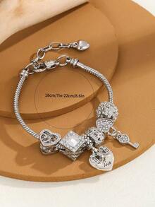 1 Piece European And American Stylish Heart Bow - Heart Flower 2-In-1 Heart Lock Keychain Beads Bracelet - 彩色 - 查看 4