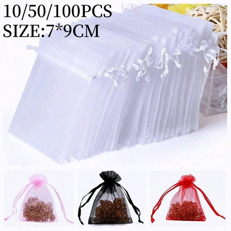 10pcs Organza Gift Bags, Wedding Favor Bags, Size 7*9cm, Gift Packing Supplies For Holidays, Events And Parties, Home & Living, Wedding Party Supplies, Table Centerpiece Gift Wrap Pouches, Baking Packaging Bags, Jewelry Gift Packaging Bags, Event & Party Gift Mesh Bags, Suitable For Various Festivals, Celebrations, Outdoor Parties, All Seasons, Fruit Anti-Insect Mesh Bags Back To School Valentine's Day - 白色 - 查看 1