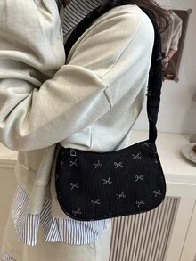 1 件黑色灯芯绒面料光滑拉链蝴蝶结印花抽绳肩带设计时尚百搭休闲纯色简约新款秋冬独特单肩包，适合女性日常使用 - 黑色 - 查看 3