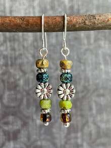 2pcs Floral Natural Stone Earrings, Boho Metal Colorful Pendants, Women's Daily Party Casual Outfits Accessories