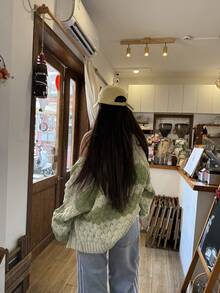 Women Chunky Cardigan Lantern Sleeve Open Front Sweaters Loose Cable Knit Oversized Cardigans Outwear Coats - Mint Green - View 5