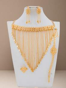 Set de 5 piezas de joyas de cobre en tono dorado, elegante para fiestas, bodas, festivales, banquetes y ocasiones sociales, con collar de cadena y collar de camisa con diseño de estrellas doradas de 18K+dorado champán todo alrededor y borlas en forma de V, adecuado como regalo para la madre, hermanas, como un conjunto de mejores deseos