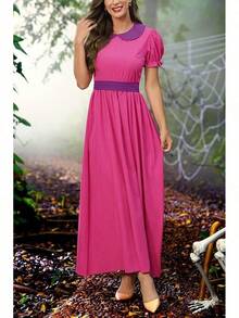 Halloween 2025 Women's Halloween Princess Cosplay Costume Bubble Sleeve Party Maxi Dress - 紅紫色 - 查看 3