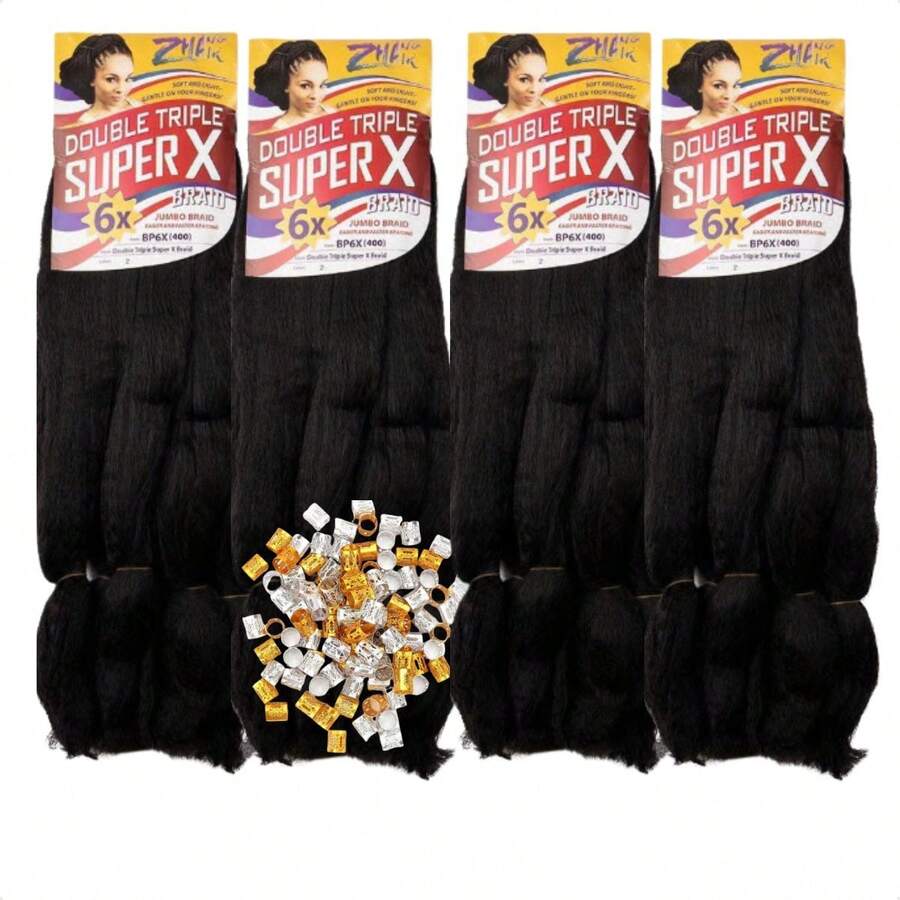 Kit 4 Jumbo Hair Super X 400g | 126cm Box Braid High Flexibility, Unisex, Flat Iron Up To 180°C - 黑色 - 查看 1