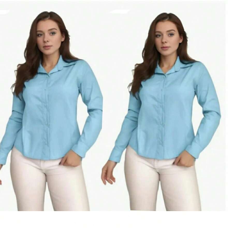Women's Long Sleeve Button Down Shirt - Women's Fashion - 淺藍色 - 查看 1
