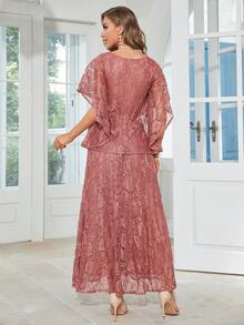 Women's Round Neck Flare Sleeve Lace Ruffle Hem Flowy Bridesmaid Wedding Dress - Redwood - View 2