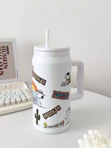 SNOOPY 1 件史努比 50 盎司大容量保温杯，便携式旅行杯，不锈钢咖啡杯带吸管