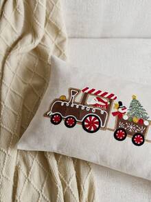 1pc Christmas Gingerbread Man & Christmas Train Embroidered Throw Pillow Cover, Suitable For Indoor Decor, Christmas Decorative Pillow Case, Pillow Insert Not Included