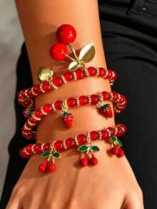 3 件红色 ABS 串珠樱桃和心形吊坠手链套装，女士休闲百搭配饰，适合日常和节日佩戴 - 紅色 - 查看 2
