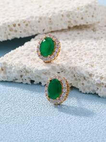 1 Pair Minimalist Zirconia Emerald Stud Earrings, Gold-Plated Oval Earrings Accessories - Multicolor - View 3
