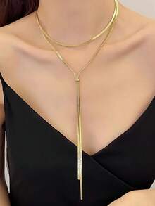 1Pc Women's Stainless Steel Gold Plated Necklace - Adjustable Y-Shape Long Design, Fade-Resistant Minimalist Style, Drawstring Snake Chain With Tassel, Dainty Gold Tone Jewelry - Vàng - Xem 2