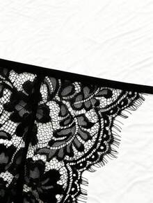 全新 黑色花朵睫毛蕾丝性感内衣套装 吊带露肩文胸套装 激情丁字裤性感吊袜带 3 件套