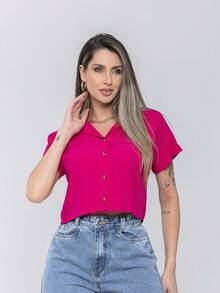 Women's Shirt Blouse Buttons Viscose Fresh Summer Comfortable Style Best Quality - 玫紅色 - 查看 3