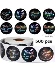 500张全息“谢谢”涂鸦贴纸，1英寸圆形，8种图案，彩虹光泽激光打印英文感谢贴纸，办公用品，圣诞节新年派对礼物包装DIY，适用于信封、杂志、计划本、剪贴簿等文具用品，趣味贴纸，Kindle适用 - 黑色鐳射感謝 - 查看 1