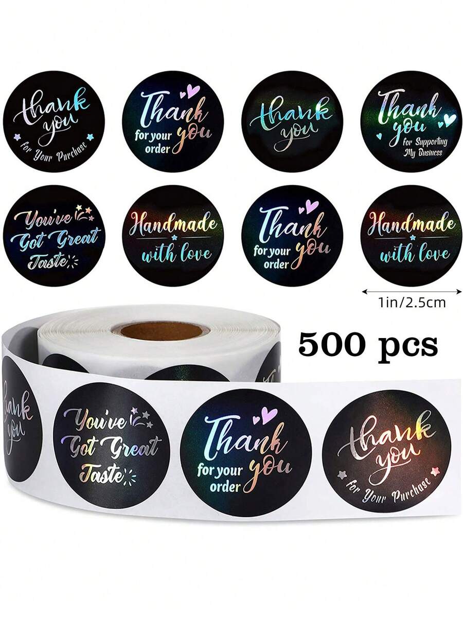 500张全息“谢谢”涂鸦贴纸，1英寸圆形，8种图案，彩虹光泽激光打印英文感谢贴纸，办公用品，圣诞节新年派对礼物包装DIY，适用于信封、杂志、计划本、剪贴簿等文具用品，趣味贴纸，Kindle适用 - 黑色鐳射感謝 - 查看 1