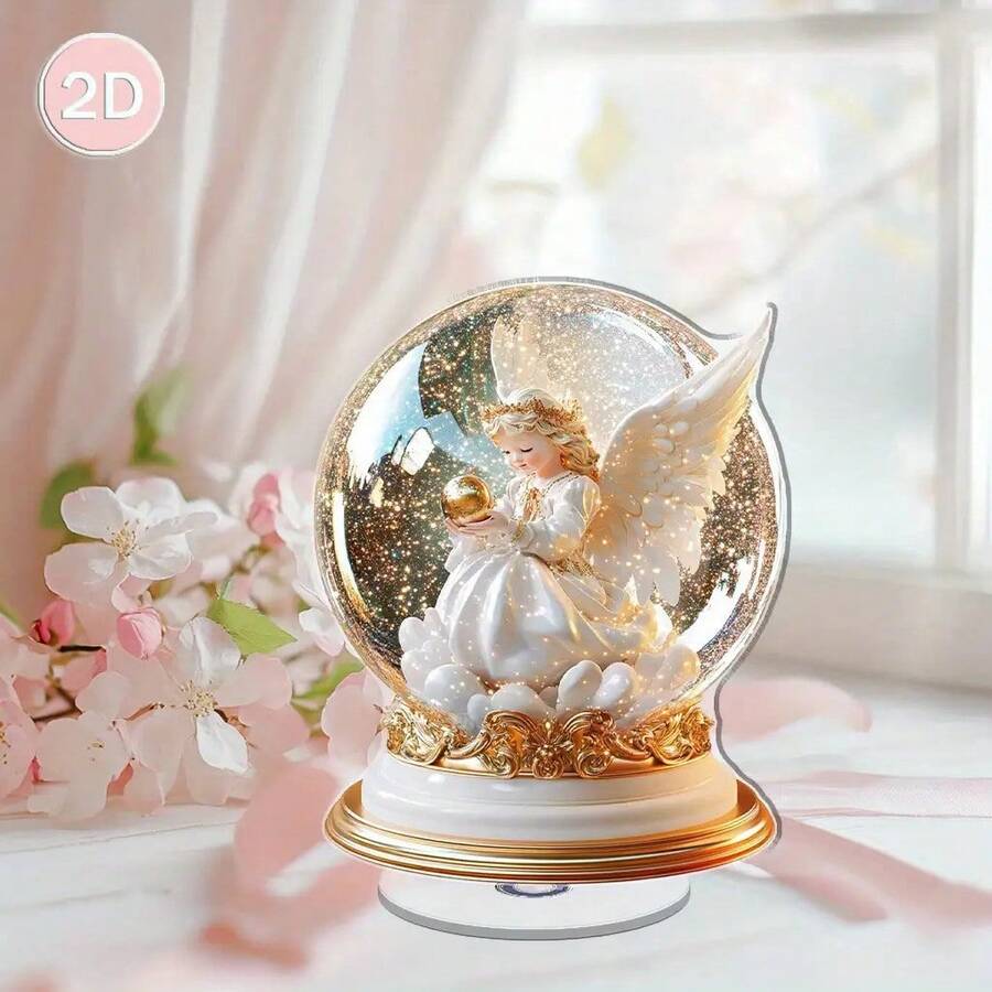 Dwuwymiarowa obrotowa akrylowa kryształowa kula z aniołem szczęścia – złota figurka anioła, idealny prezent na Święto Dziękczynienia i Nowy Rok, dekoracja biurka do relaksu, medytacji, domu i biura, nie wymaga zasilania, figurka anioła, płaska, dwuwymiarowa