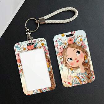 1pc Cute Cartoon Big-Eyed Girl With Flower Wreath ID Card Holder Essential For Travel Holiday Gift For Women Wallet Mini Wallet Purse Wallet Wristlet Wallet Card Wallet