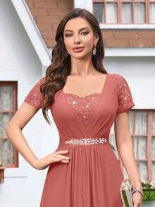 MIUSOL Đầm chiffon đính sequin, ren hoa, phối màu tương phản, cổ tim, thắt eo, viền bèo nhún, thích hợp làm đầm phù dâu, đầm dạ hội, đầm dự tiệc cưới mùa xuân. - Bụi hồng - Xem 9