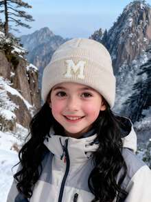 1pc Kids Knitted Hat With 26 Letter Pattern, Solid Color Knit Cap, Girls Hat, Warm Outdoor Hat, Autumn/Winter - Beige - View 4