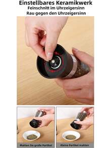 1pc Pepper Grinder With Adjustable Ceramic Grinder, Salt And Pepper Grinder, Stainless Steel And Glass Grinder, Suitable For Kitchen Supplies - 黑色 - 查看 8