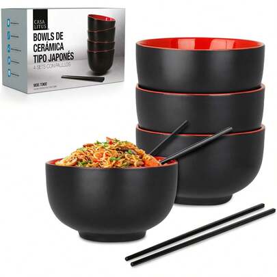 4 Platos de Cerámica para Ramen Extra Grandes (1 Litro), Incluye 4 Sets de Palillos Reutilizables de Melamina, Bowls para Noodles, Comida Japonesa y Asiática, Sopa, Cereal, Platos Hondos